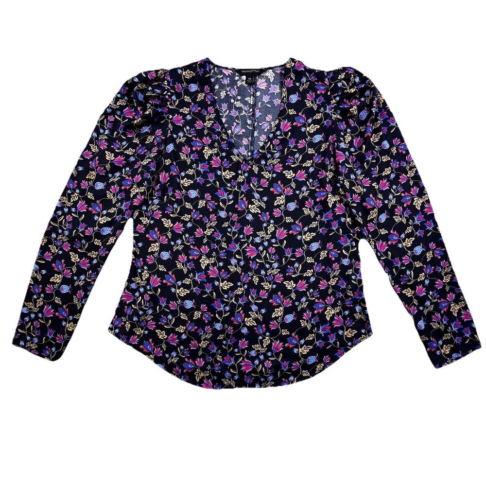 Banana Republic Blouse Top XS Dark Purple Black V-Neck Floral Long Sleeve Sheer